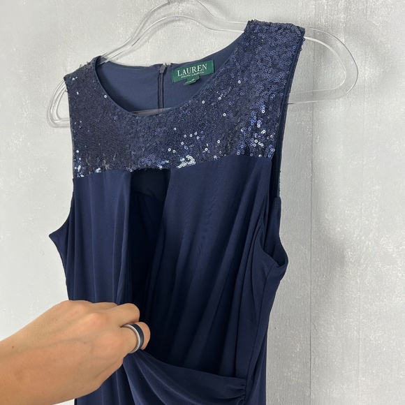 Ralph Lauren size 12 sheath ruched dress navy sequin keyhole stretch knee length - Picture 5 of 11